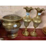 A pair of etched decorated brass vases and a similar rose bowl