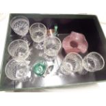 A box containing a quantity of glassware including set of six cut glass wine glasses, Vasart vase,