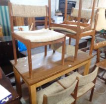 Five matching retro Danish teak framed dining chairs with upholstered backs and seats - bearing