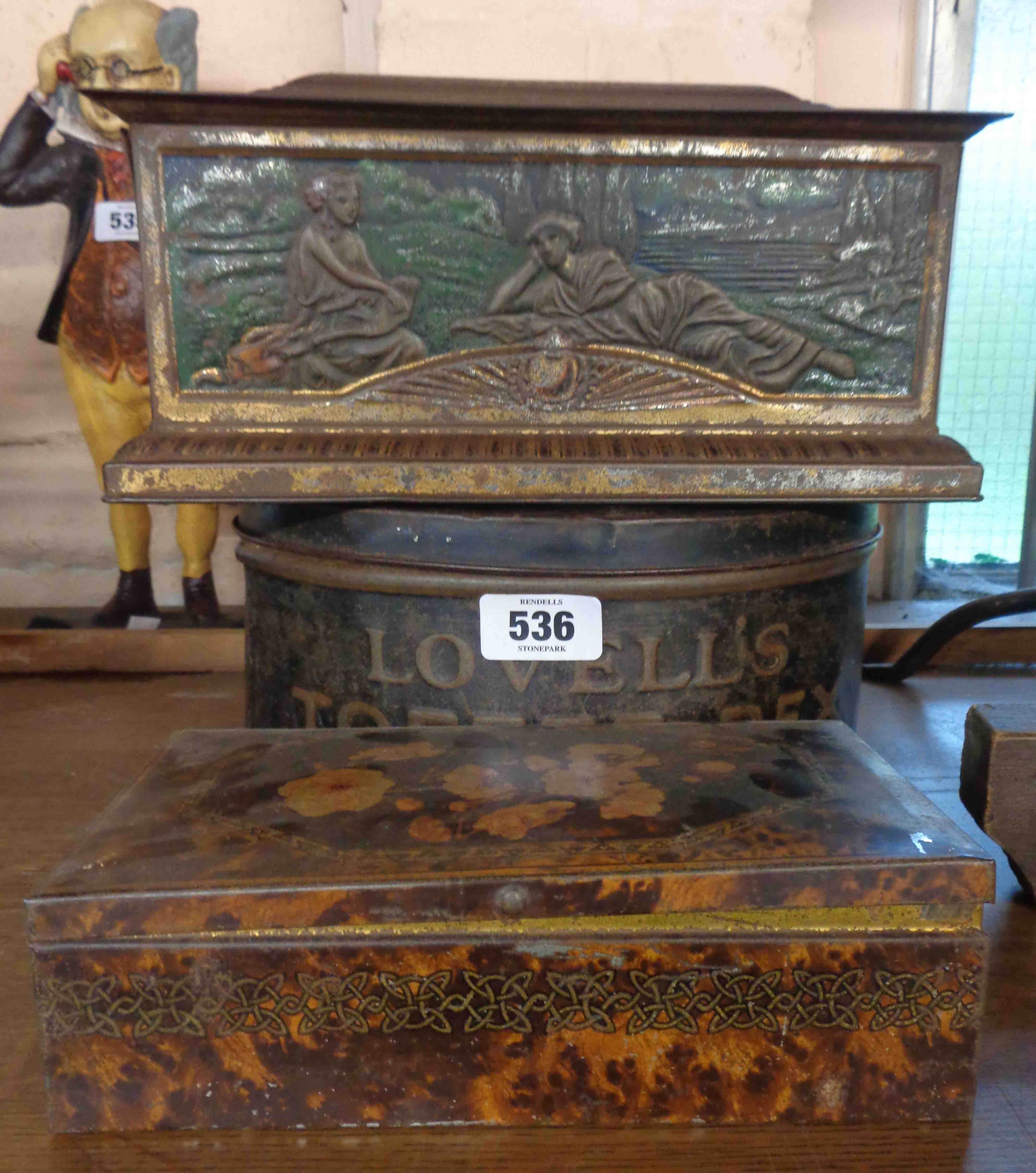 A vintage Lovells Coffee tin with decorative embossed sides - sold with a Colman tin and another