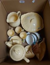 A box containing a quantity of vintage Meakin yellow glazed dinner and coffee ware, Victorian bone