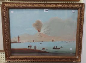 A gilt framed antique naive gouache painting, depicting figures watching the eruption of Vesuvius in