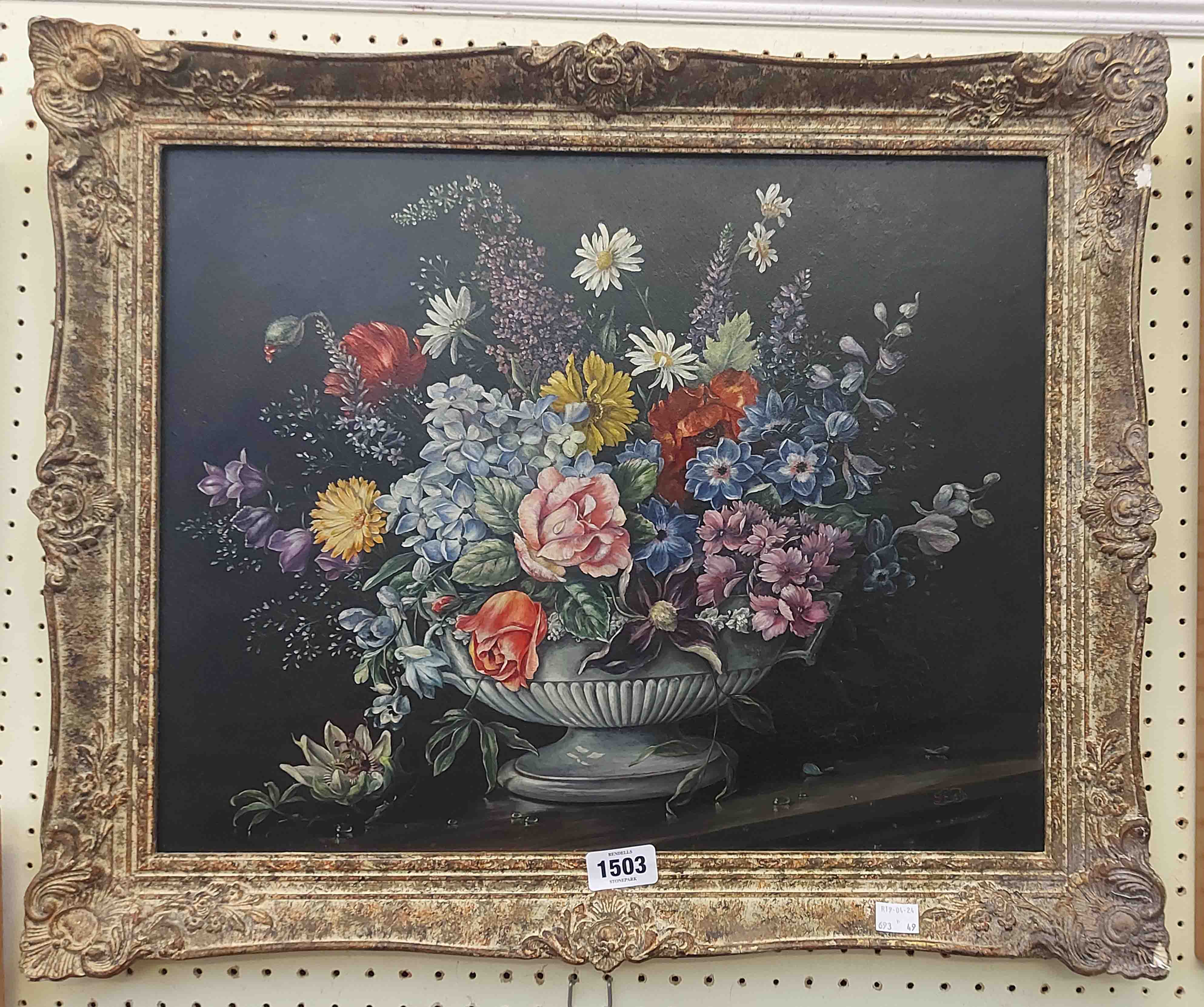 Shielo: an antiqued framed oil on panel still life with urn of flowers on a surface and black