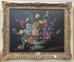 Shielo: an antiqued framed oil on panel still life with urn of flowers on a surface and black