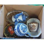 A small box containing a quantity of ceramics including Cauldon miniature pottery teapot and