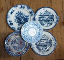 A quantity of antique plates including blue and white, Ironstone, etc.