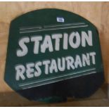 A vintage painted wood Station Restaurant sign with white transfer lettering - a/f