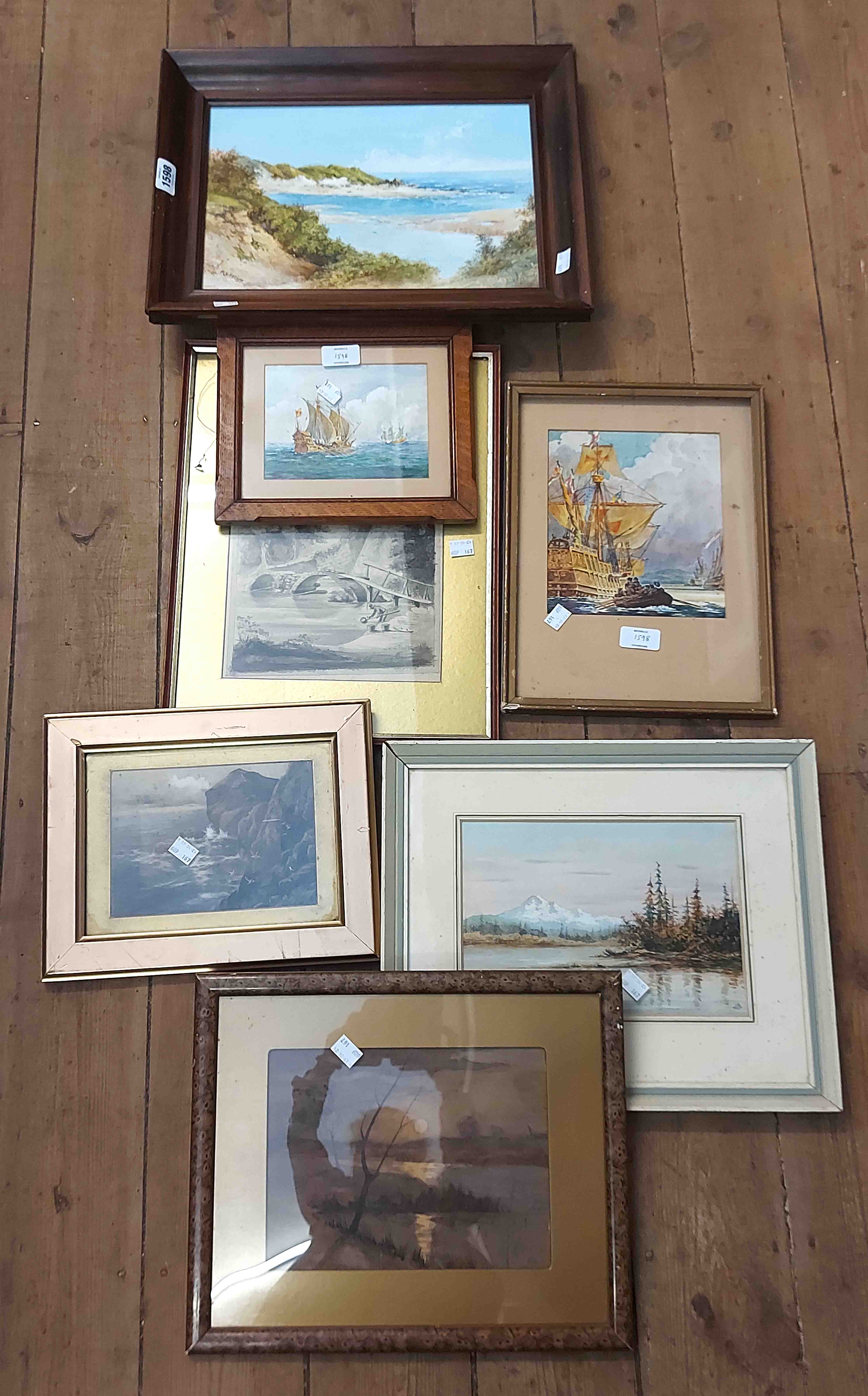 Seven framed original works including maritime, landscapes, two coastal views including M.B.