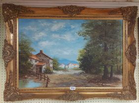 P. Miller: a modern ornate gilt framed oil on canvas, depicting rural buildings with trees and