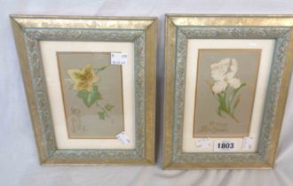 A pair of framed Edwardian greetings cards Christmas and New Year on postcards with embossed and