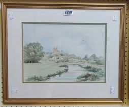 M. Mather: a gilt framed watercolour, depicting a river landscape with church in distance - signed