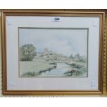 M. Mather: a gilt framed watercolour, depicting a river landscape with church in distance - signed