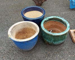 Three glazed garden pots