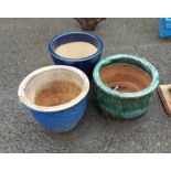 Three glazed garden pots