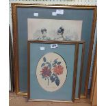 Three matching framed floral study prints - sold with a pair of large format French fashion prints