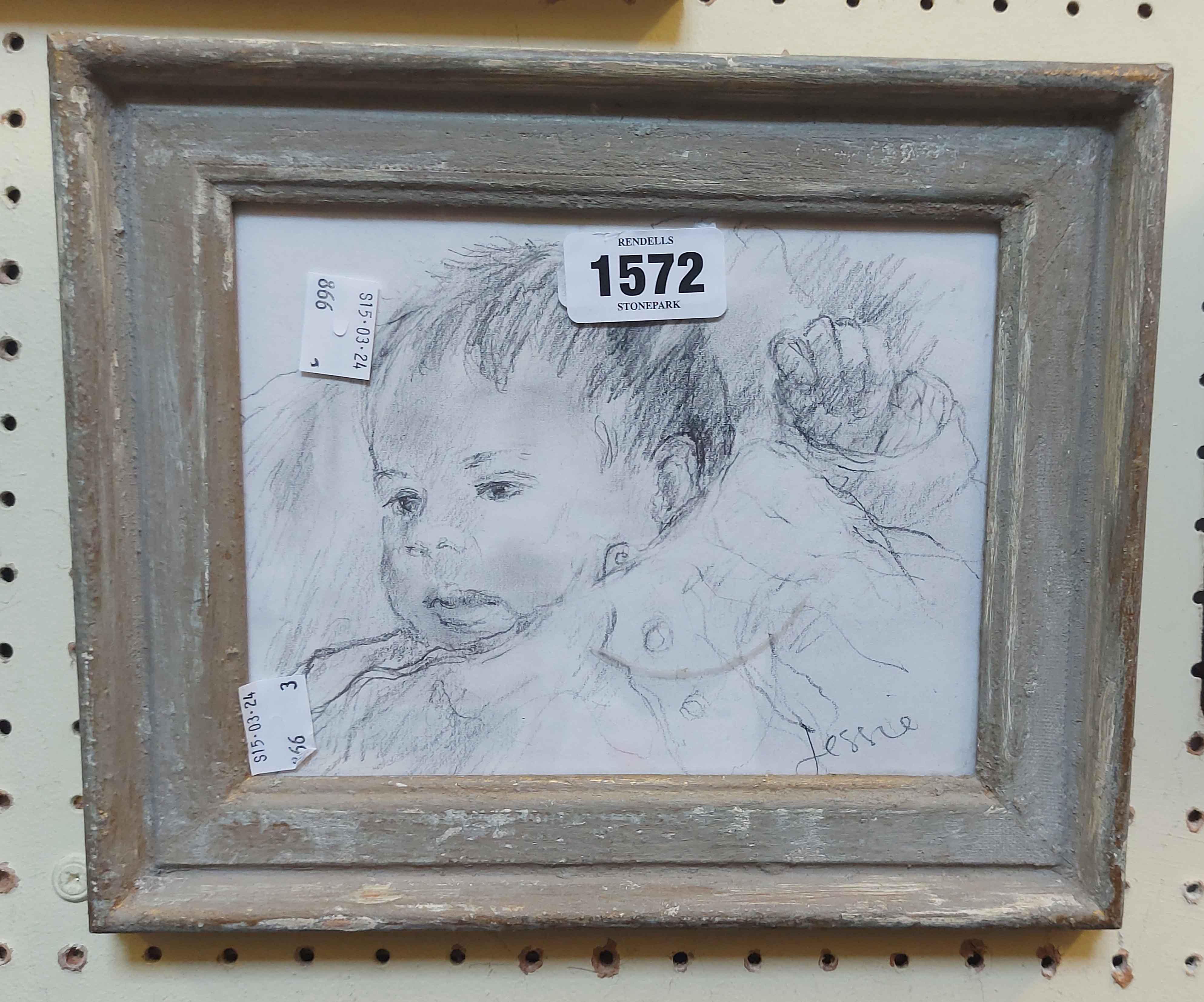 Glo Williams: a framed pencil portrait of 'Jessie' - indistinctly signed and inscribed - 13cm X