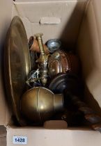 A box of brass, copper and wooden items including copper tray, copper kettle, brass candlesticks,