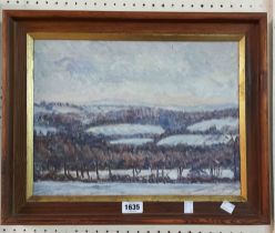 Val Maitland: a framed mid 20th Century acrylic on board entitled 'Sussex Countryside - a View