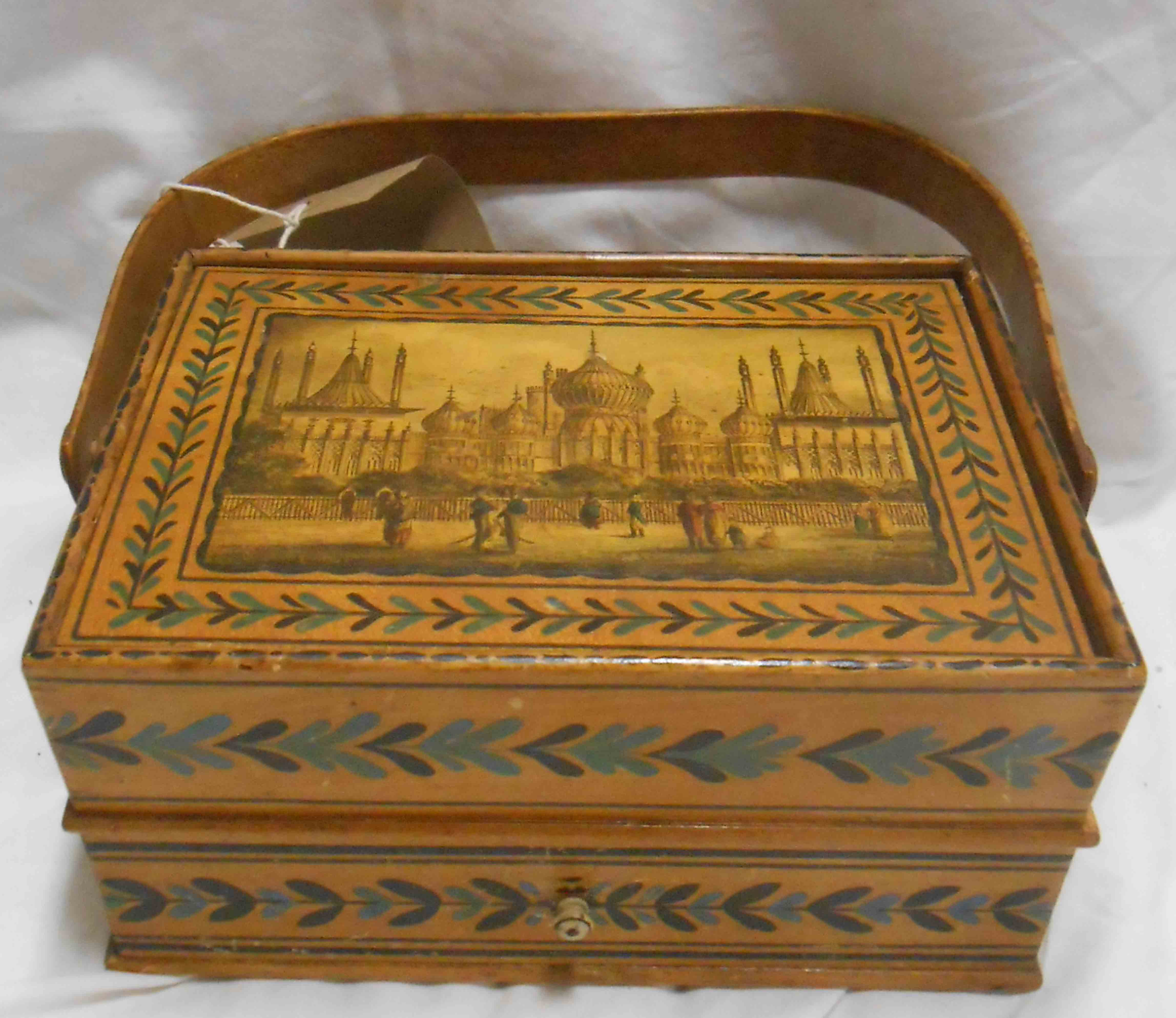 A Regency penwork work box with lift-top over single draw and bentwood handle, the lid depicting - Image 2 of 2