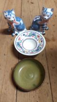 A small quantity of ceramics comprising a pair of Rye Pottery cats, Poole Pottery dish and a slip