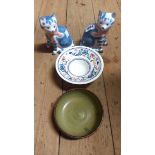 A small quantity of ceramics comprising a pair of Rye Pottery cats, Poole Pottery dish and a slip