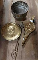 A small quantity of brass items including a brass planter with embossed floral band, bellows