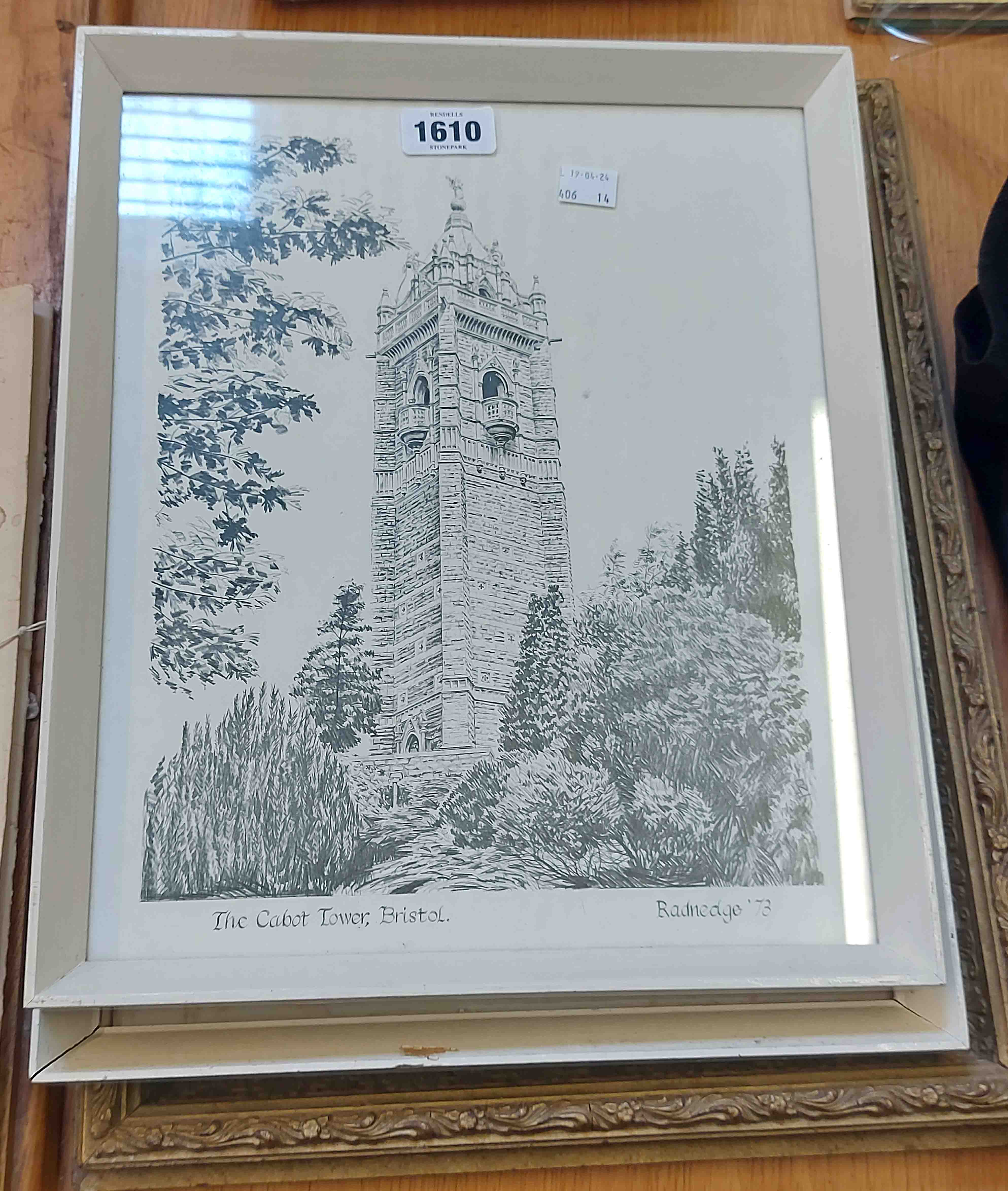 Radnedge: a pair of framed vintage monochrome prints 'The Cabot Tower' and 'Clifton Observatory' -