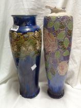 A Doulton Lambeth stoneware vase, with water lily decoration on a blue glaze ground - decorator's