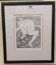 Glo Williams: a framed monochrome etching portrait of a female nude on a patterned ground - signed