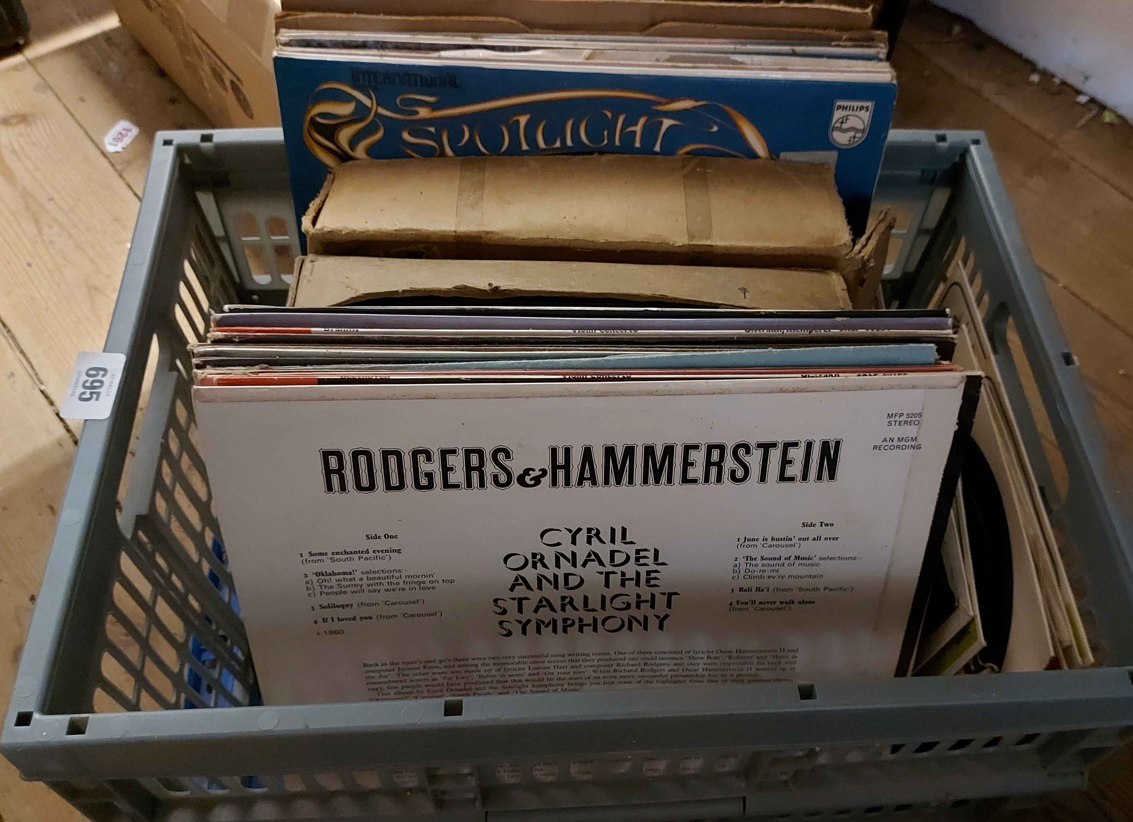 A crate and a box containing a quantity of vintage records