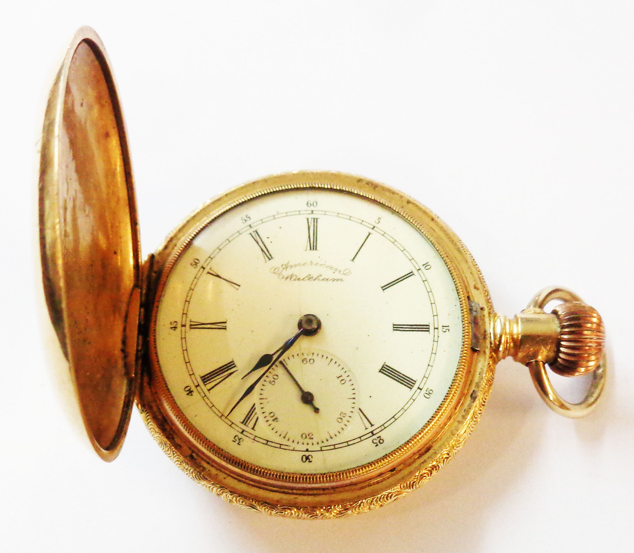 A vintage Waltham ornate gold plated cased hunter pocket watch with applied contrasting detail and - Image 2 of 2