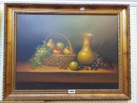 Dick: a gilt framed oil on canvas still life with ewer and basket of fruit on a table - signed