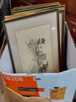 A box containing a set of eight Hogarth framed monochrome etchings - all named views - one frame a/