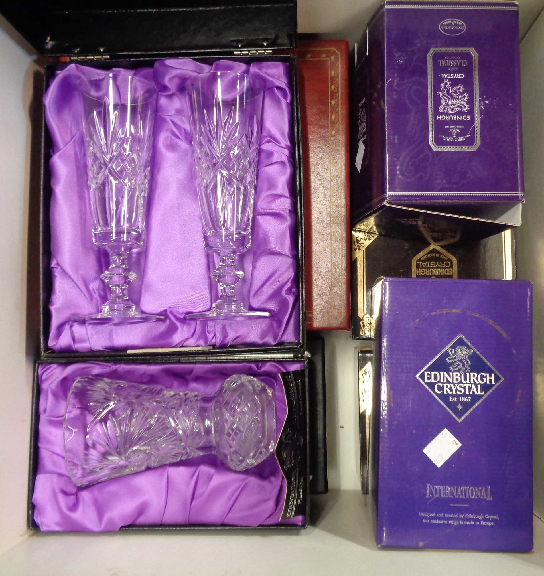 A box containing a quantity of boxed Edinburgh crystal glassware including drinking glasses, etc.