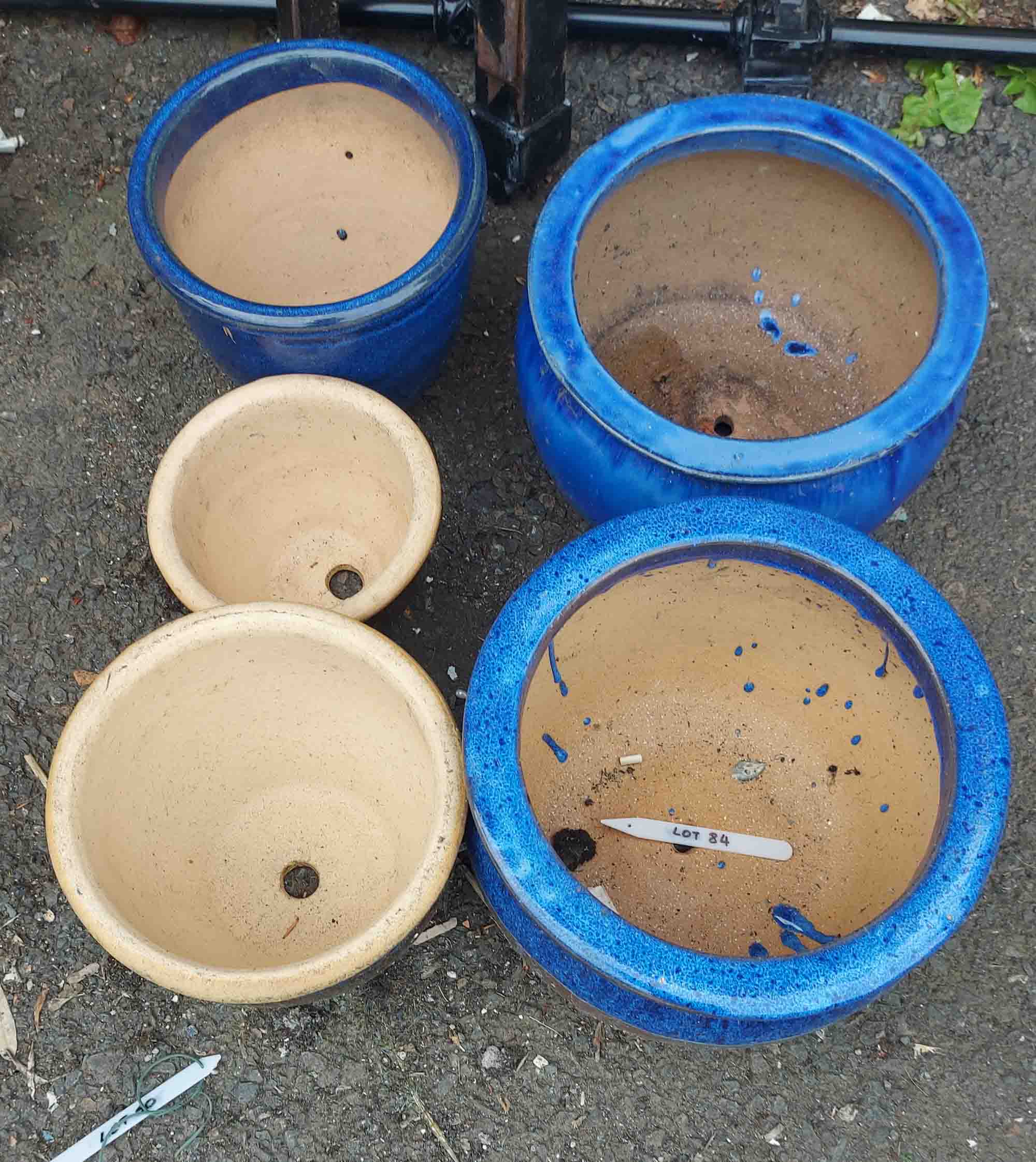 Five blue glazed garden pots