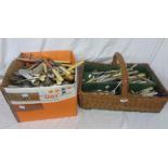 A box and a wicker basket containing a quantity of assorted silver plated and other cutlery