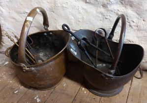 A Georgian coal scuttle - sold with five fire tools and another scuttle