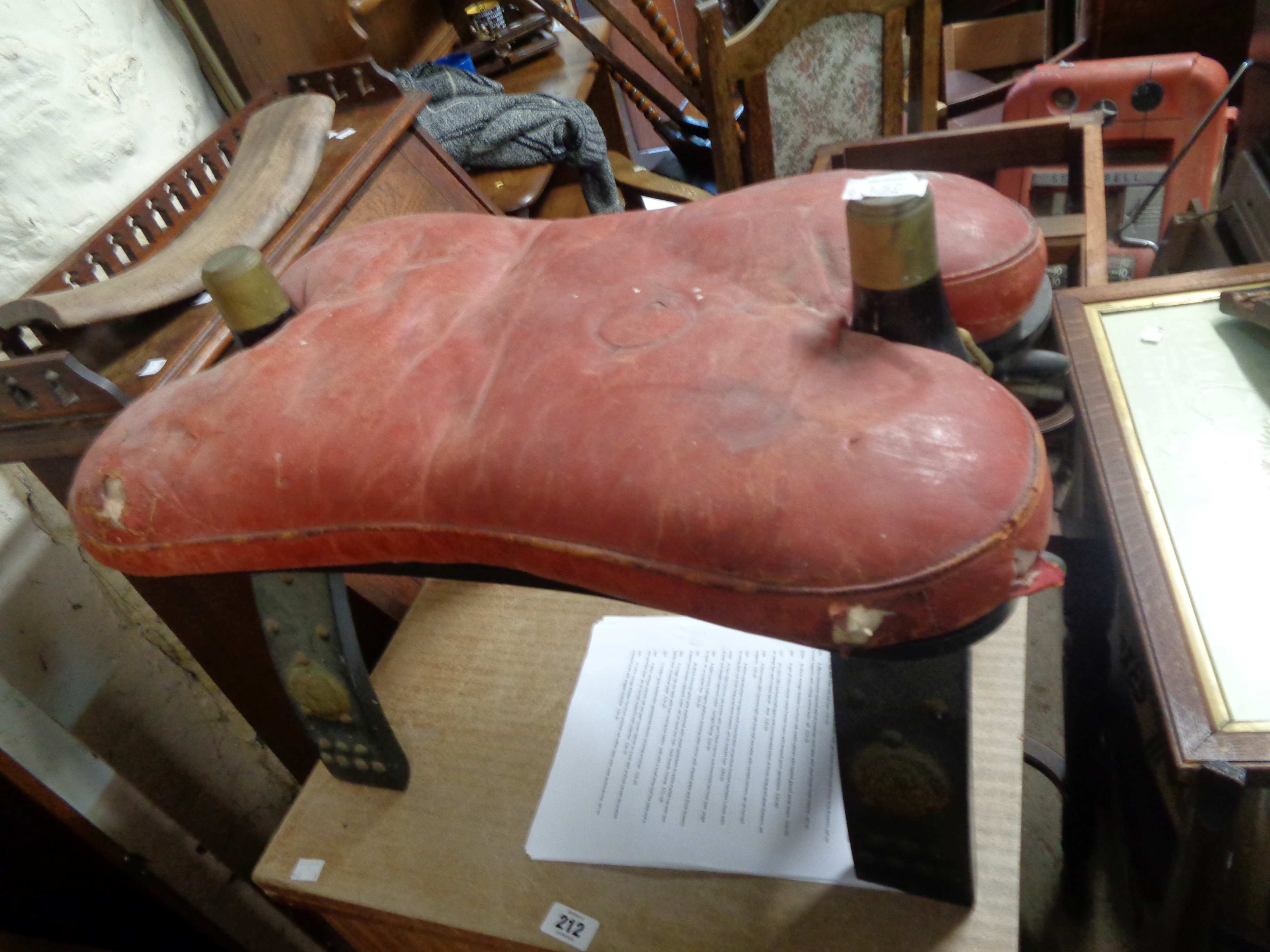 Two similar vintage camel saddle stools, both with leather upholstered seats - various condition - Image 2 of 2