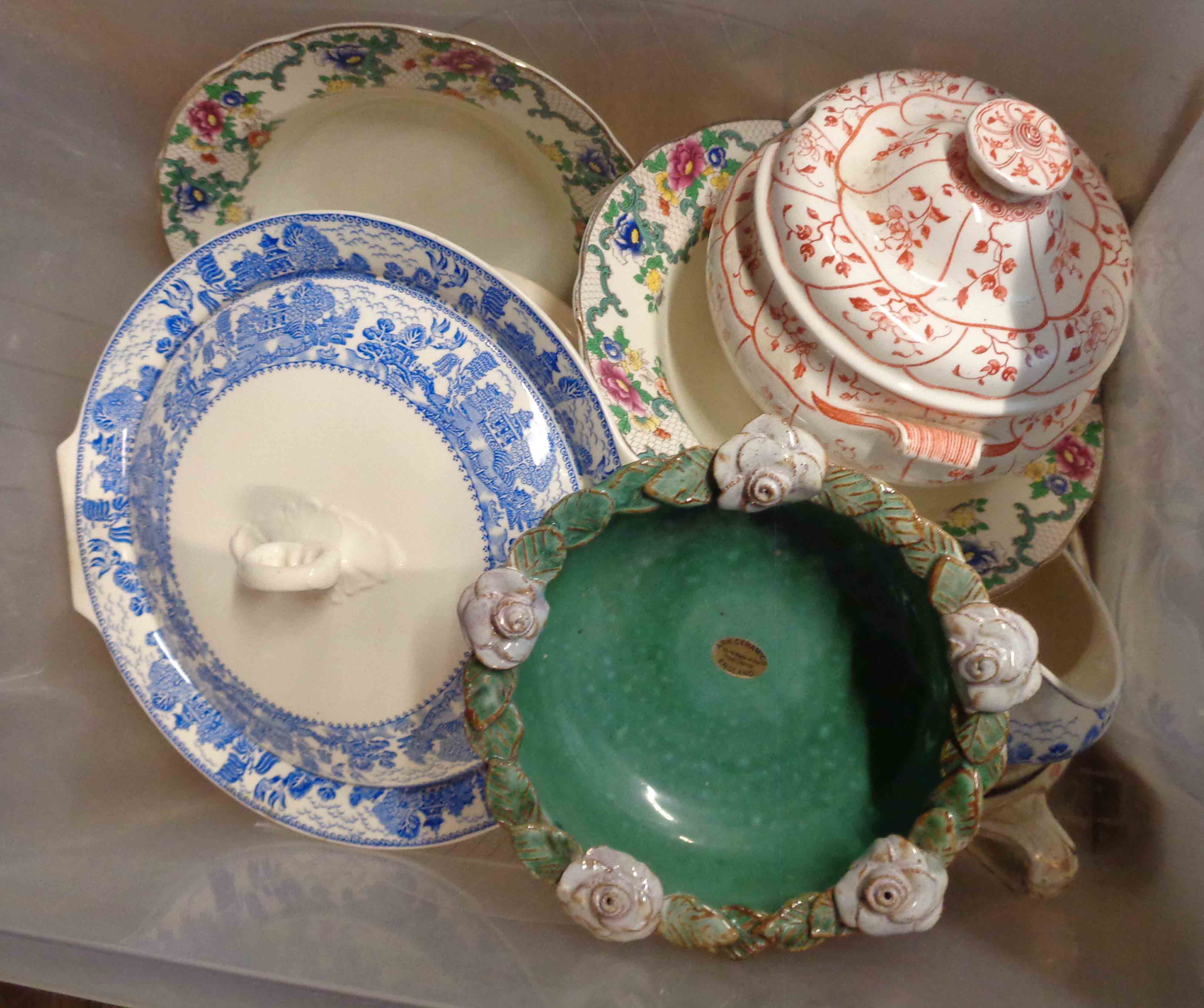 A crate containing a quantity of ceramics including an Ark ceramic bowl, etc.
