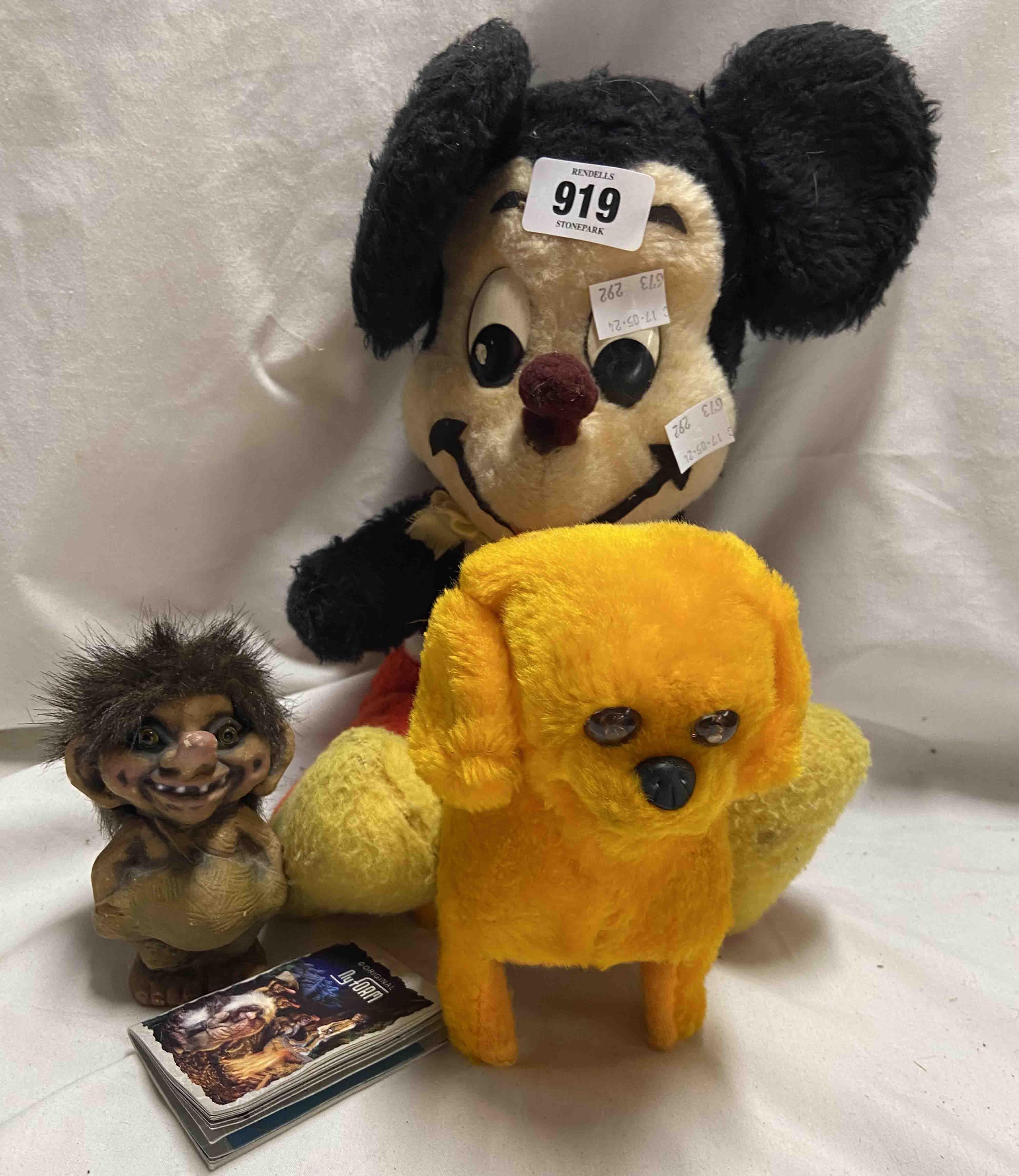 A vintage Mickey Mouse toy - sold with a yellow battery powered dog and a Nyform troll