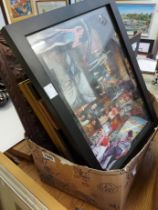 A box containing a quantity of framed coloured prints including box framed 3D 'Hollywood Dreams'