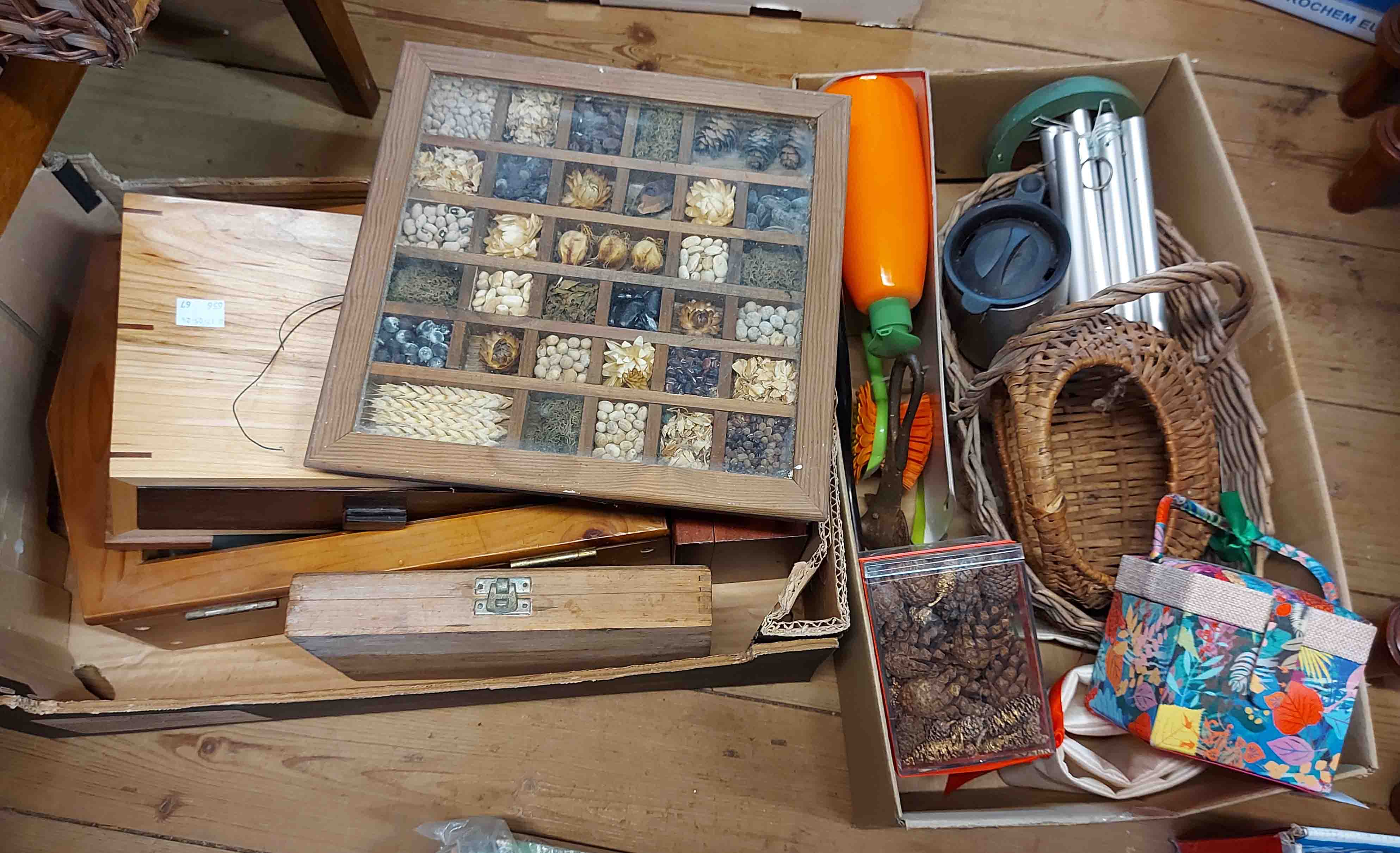 A box containing a quantity of small wooden boxes - sold with another containing collectable items