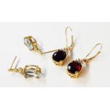 A pair of marked 14k yellow metal garnet and white paste drop earrings - sold with a pair of 375 (