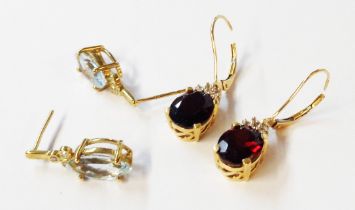 A pair of marked 14k yellow metal garnet and white paste drop earrings - sold with a pair of 375 (