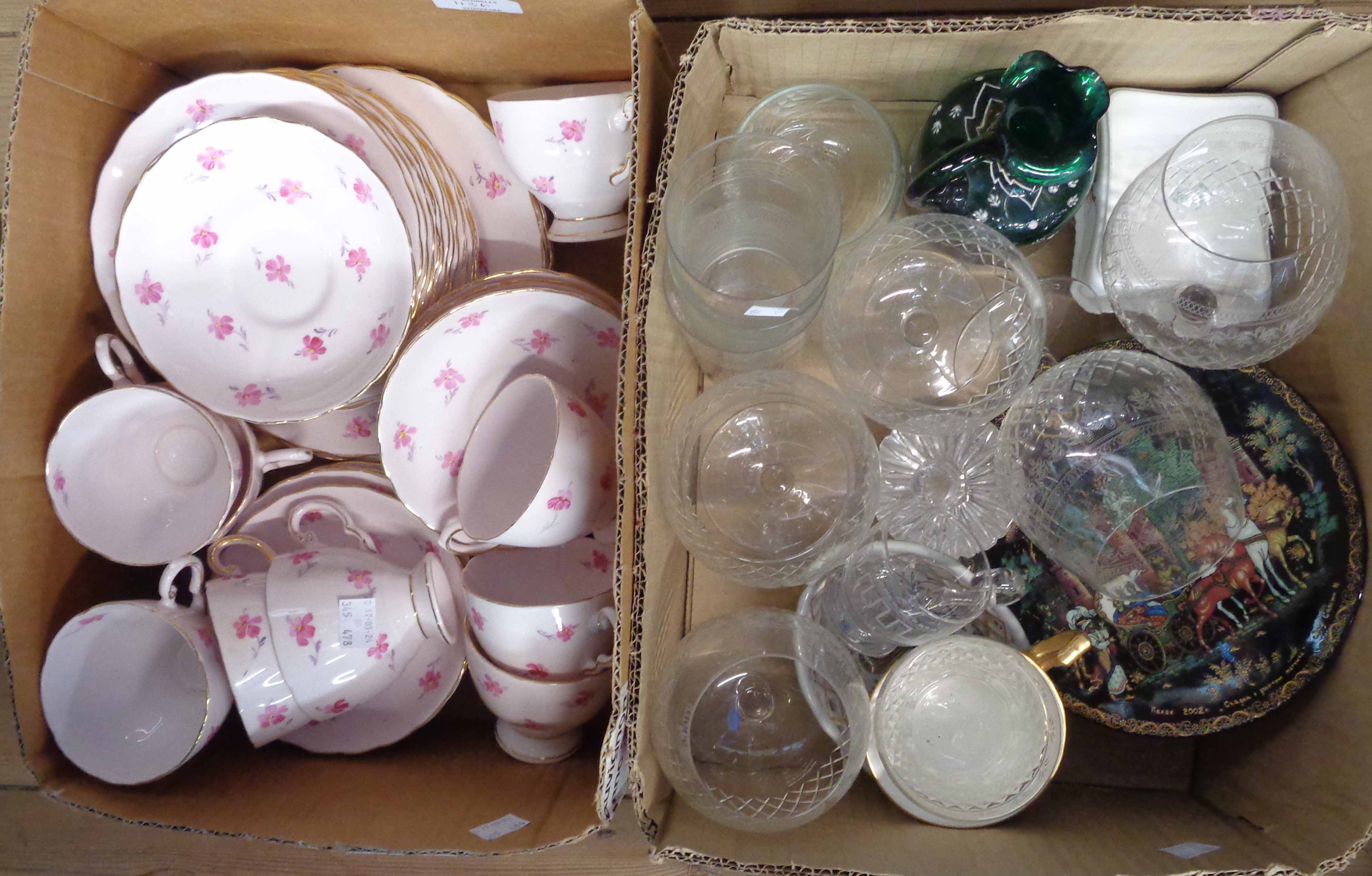 Two boxes containing a quantity of ceramics and glass, including Tuscan China part tea set