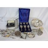 A box containing a quantity of silver plated items including swing handled cake basket, tea tray,