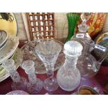A quantity of glassware including decanters, candlesticks, bowl, etc.