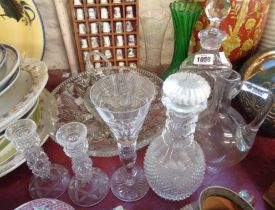 A quantity of glassware including decanters, candlesticks, bowl, etc.