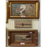 Three small oil paintings comprising Sheila Morley: a study of a barn owl, a gilt framed stormy