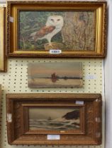 Three small oil paintings comprising Sheila Morley: a study of a barn owl, a gilt framed stormy